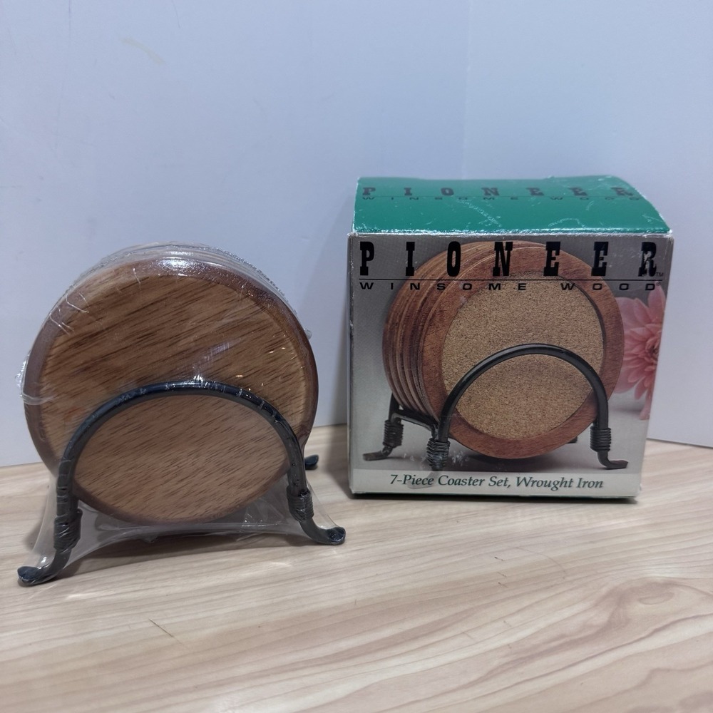 VTG Pioneer Winsome Wood 7 Piece Coaster Set Wrought Iron Storage Stand Cork NEW